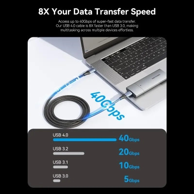 Дата кабель USB-C to USB-C 1.0m USB4.0 240W (50V/5A) 8K60Hz Thunderbolt 4 Gray Aluminum Alloy Vention (TAVHF)