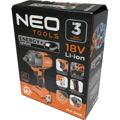 Гайковерт Neo Tools Energy+ 18V, безщітковий, 2400об/хв, 850Нм, 1/2&quot;, 3 швидкості, 1.8кг (без АКБ та ЗП) (04-608)