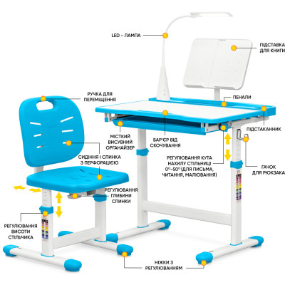Парта зі стільцем Evo-kids (стіл+стілець+полиця+лампа) Blue (Evo-17 BL Ergo)