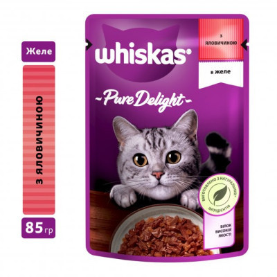 Вологий корм для кішок Whiskas Pure Delight з яловичиною в желе 85 г (5900951263194)