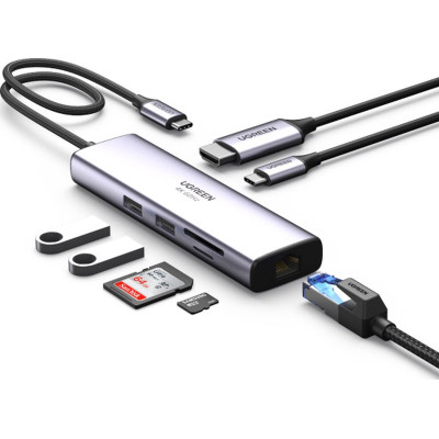 Концентратор Ugreen USB3.1 Type-C to HDMI/USB 3.0x2/RJ45/SD/TF/PD 100W CM512 (60515)
