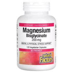 Мінерали Natural Factors Магній Бісгліцинат, 200 мг, Magnesium Bisglycinate, 120 вегетаріанськ (NFS-01641)