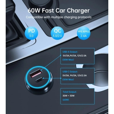 Зарядний пристрій Choetech USB-C+USB-A 60W QC3.0/PD/PPS black (TC0014-BK)