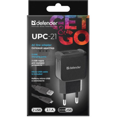 Зарядний пристрій Defender UPС-21 2xUSB,5V/2.1А кабель microUSB (83581)
