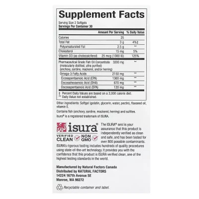 Жирні кислоти Natural Factors Омега-3 ультра та вітамін D3, 2150 мг, RxOmega-3 Ultra Strength with Vitamin D3 (NFS-35489)