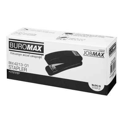 Степлер Buromax пластиковий JOBMAX, 15 аркушів, (скоби №24;26), 110 х 30 х 48 мм, чорний (BM.4213-01)