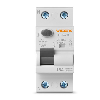 Диференційне реле (ПЗВ) Videx RESIST АС 2п 30мА 10кА 16А (VF-RS10-DR2AC16)