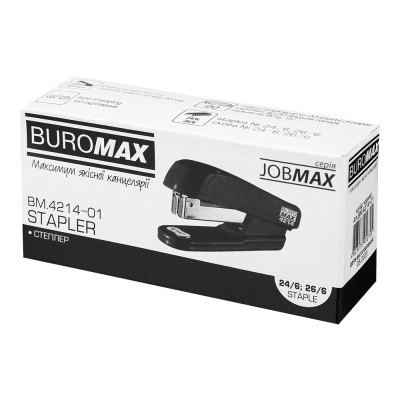 Степлер Buromax пластиковий JOBMAX, 20 аркушів, (скоби №24;26), 100 х 30 х 50 мм, чорний (BM.4214-01)