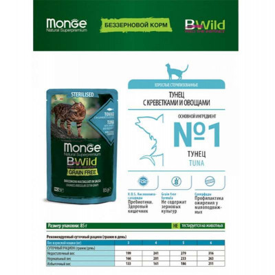 Вологий корм для кішок Monge BWild Cat Free Wet Sterilized тунець з креветками 85 г (8009470012799)