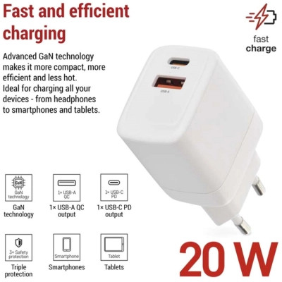 Зарядний пристрій EMOS V02G20 1xUSB-A + 1xUSB-C PD20W GaN (V02G20)