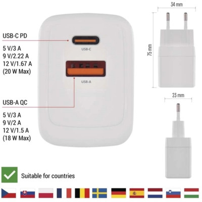 Зарядний пристрій EMOS V02G20 1xUSB-A + 1xUSB-C PD20W GaN (V02G20)