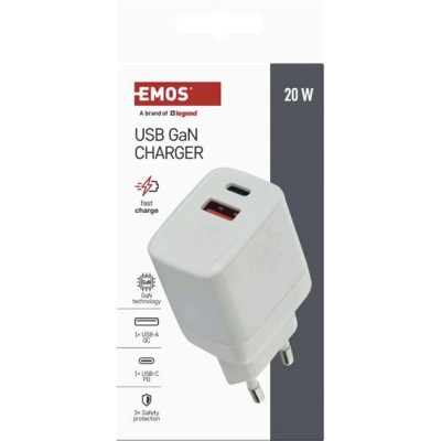 Зарядний пристрій EMOS V02G20 1xUSB-A + 1xUSB-C PD20W GaN (V02G20)