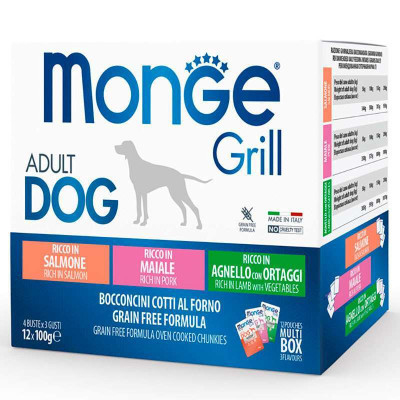 Вологий корм для собак Monge Dog Grill Mix Lamb&amp;Pork&amp;Salmon 12*100 г (8009470017503)