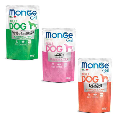 Вологий корм для собак Monge Dog Grill Mix Lamb&amp;Pork&amp;Salmon 12*100 г (8009470017503)