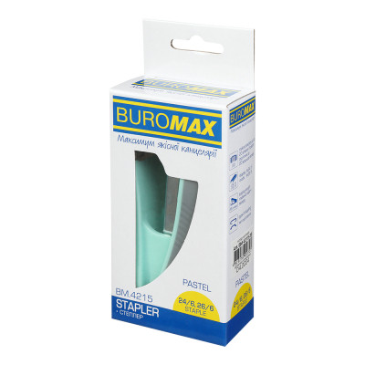 Степлер Buromax пластиковий PASTEL, 20 аркушів, (скоби №24, 26), 111 х 62 х 32 мм, м&#039;ятний (BM.4215-38)