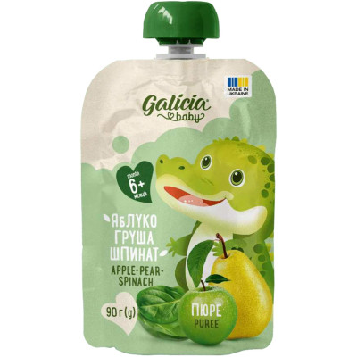 Дитяче пюре Galicia Baby яблучно-грушево-шпинатне натуральне гомогенізоване 90 г (4820209564426)