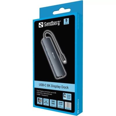 Концентратор Sandberg USB3.1 Type-C to HDMI/USB 3.0x2/RJ45/USB-C/DisplayPort PD 100W Hub 6-in-1 (136-43)