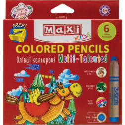 Олівці кольорові Maxi Multi-Talented 3 в 1, 6 кольорів з чинкою, круглі (MX15171)