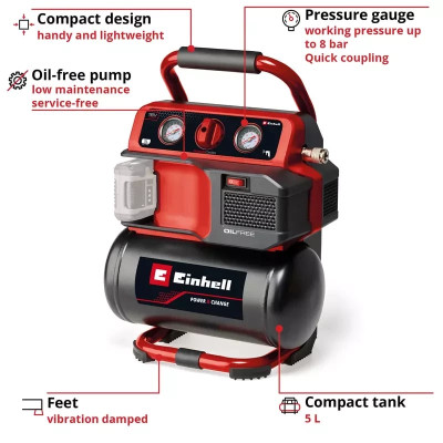 Компресор Einhell TE-AC 18/75 Li OF - Solo, 18В PXC, 8бар, 75л/хв, 5л, (без АКБ та ЗП) (4020410)