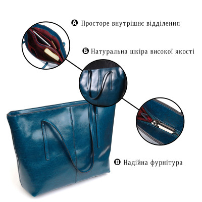 Сумка Vintage Шоппер з натуральної шкіри Бірюзова (22075)