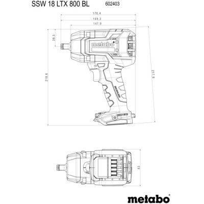 Гайковерт Metabo SSSW 18 LTX 800 BL, 18В, 1200Нм, М24, 0-2575об/хв (без АКБ та ЗП) (602403850)