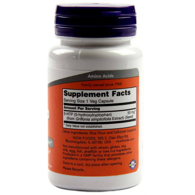 Амінокислота Now Foods 5-HTP (гідроксітріптофан), 50 мг, 30 вегетаріанських капсул (NOW-00097)