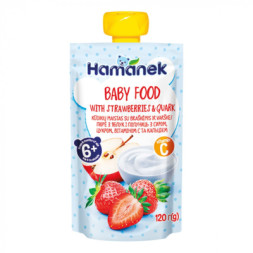 Дитяче пюре Hamanek Яблуко Полуниця Сир, 120 г (8595139783952)