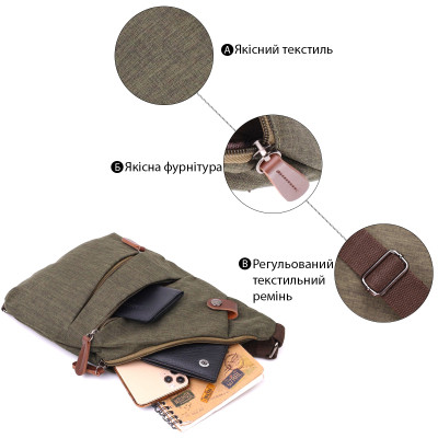 Сумка Vintage Через плече для чоловіків з текстилю Оливкова (22197)