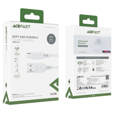 Дата кабель USB 2.0 AM to Micro 5P 1.2m 2.4A TPE C3-09 white Acefast (6974316280897)