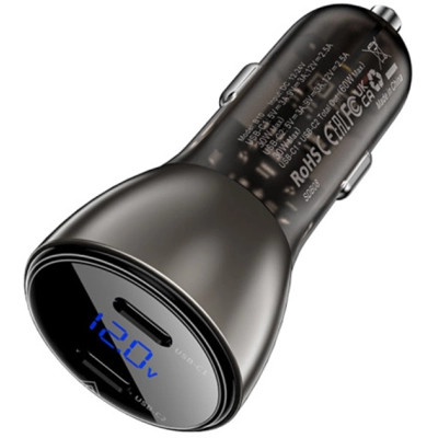 Зарядний пристрій Acefast B10 Car Charger 2xUSB-C 60W with digital display Metal Black (6974316282358)