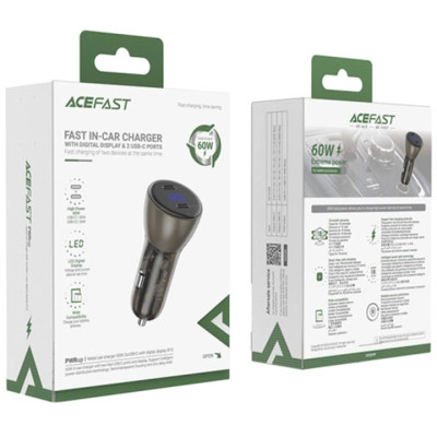 Зарядний пристрій Acefast B10 Car Charger 2xUSB-C 60W with digital display Metal Black (6974316282358)