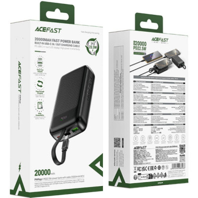 Батарея універсальна Acefast 20000mAh 22,5W PD, QC/3.0 USB-A+USB-C In/Out,build-in cable M14 Black (6974316283966)