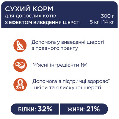 Сухий корм для кішок Club 4 Paws Преміум. З ефектом виведення шерсті 300 г (4820083909313)