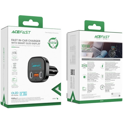 Зарядний пристрій Acefast B5 Car Charger 2xUSB-C + 1xUSB-A 101W OLED smart display Metal Black (6974316281436)