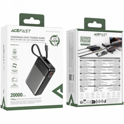 Батарея універсальна Acefast 20000mAh 65W PD, QC/3.0 USB-A+USB-C In/Out,build-in cable M21 Black-Gray (6974316283898)