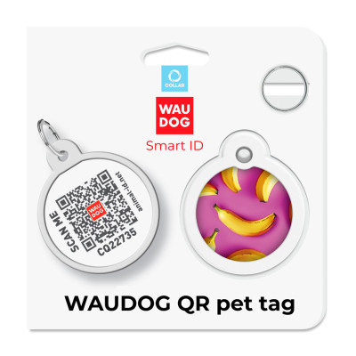 Адресник для тварин WAUDOG Smart ID з QR паспортом &quot;Банани на рожевому&quot;, коло 30 мм (230-4055)