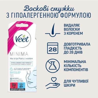 Воскові смужки Veet Minima Гіпоалергенні для чутливої шкіри обличчя 20 шт. (5900627095883)