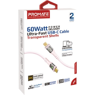 Дата кабель USB-C to USB-C 1.2m 60W PD TransLine-CC pink Promate (transline-cc.pink)
