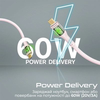 Дата кабель USB-C to USB-C 1.2m 60W PD TransLine-CC pink Promate (transline-cc.pink)
