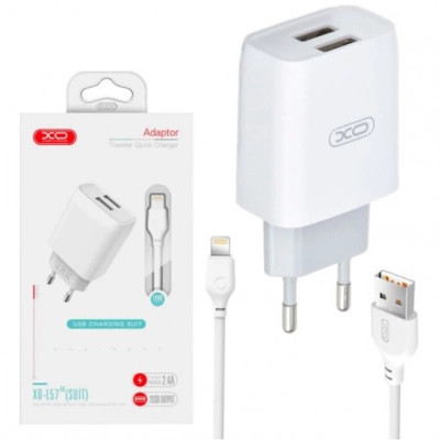Зарядний пристрій XO L57 2.4A/2USB + lightning (XO-L57-LGHT)