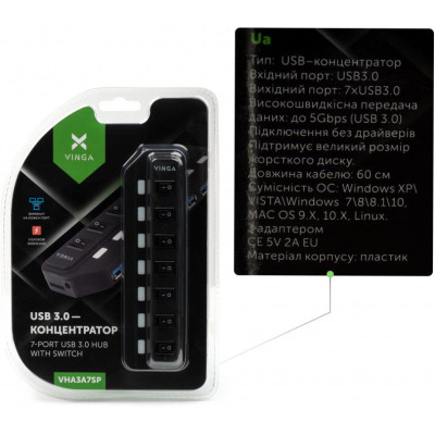 Концентратор Vinga USB3.0 to 7*USB3.0 1m cable with Switch and Power Adapter (VHA3A7B)