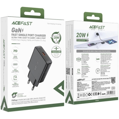 Зарядний пристрій Acefast A65 USB-C PD20W GaN ultra-thin Black (6974316282686)