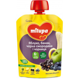 Дитяче пюре Milupa Яблуко, банан, чорна смородина та чорниця з 6 місяців 80 г (6438091515150)