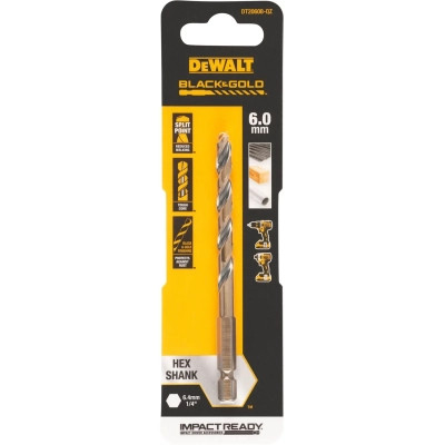 Свердло DeWALT по металу EXTREME IMPACT Black&amp;Gold, HSS-G, 6 х 101,5 х 63 мм, 1 шт. (DT20608)