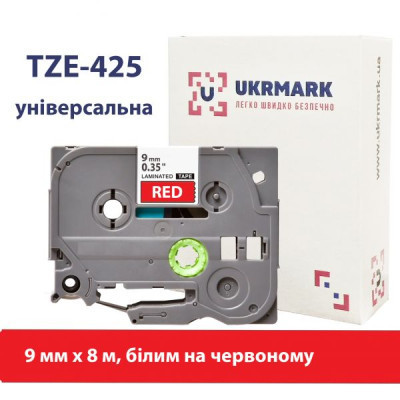 Стрічка для принтера етикеток UKRMARK B-T425P, ламінована, 9мм х 8м, white on red, аналог TZe425 (900555)