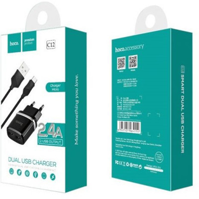 Зарядний пристрій HOCO C12 Smart dual USB (Micro cable)charger set Black (6957531064114)