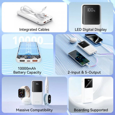 Батарея універсальна Vention 10000mAh 22.5W 3A PD, Built-in USB-C+Lightning Cables, White (FHOW0)