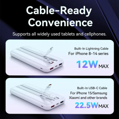 Батарея універсальна Vention 10000mAh 22.5W 3A PD, Built-in USB-C+Lightning Cables, White (FHOW0)