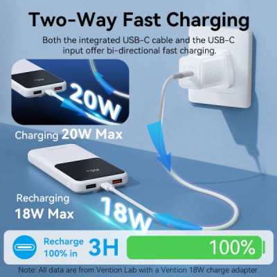 Батарея універсальна Vention 10000mAh 22.5W 3A PD, Built-in USB-C+Lightning Cables, White (FHOW0)
