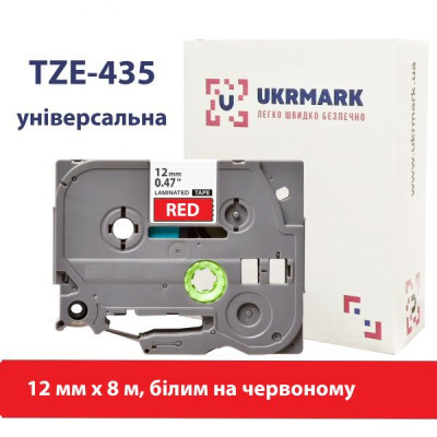 Стрічка для принтера етикеток UKRMARK B-T435P, ламінована, 12мм х 8м, white on red, аналог TZe435 (900784)